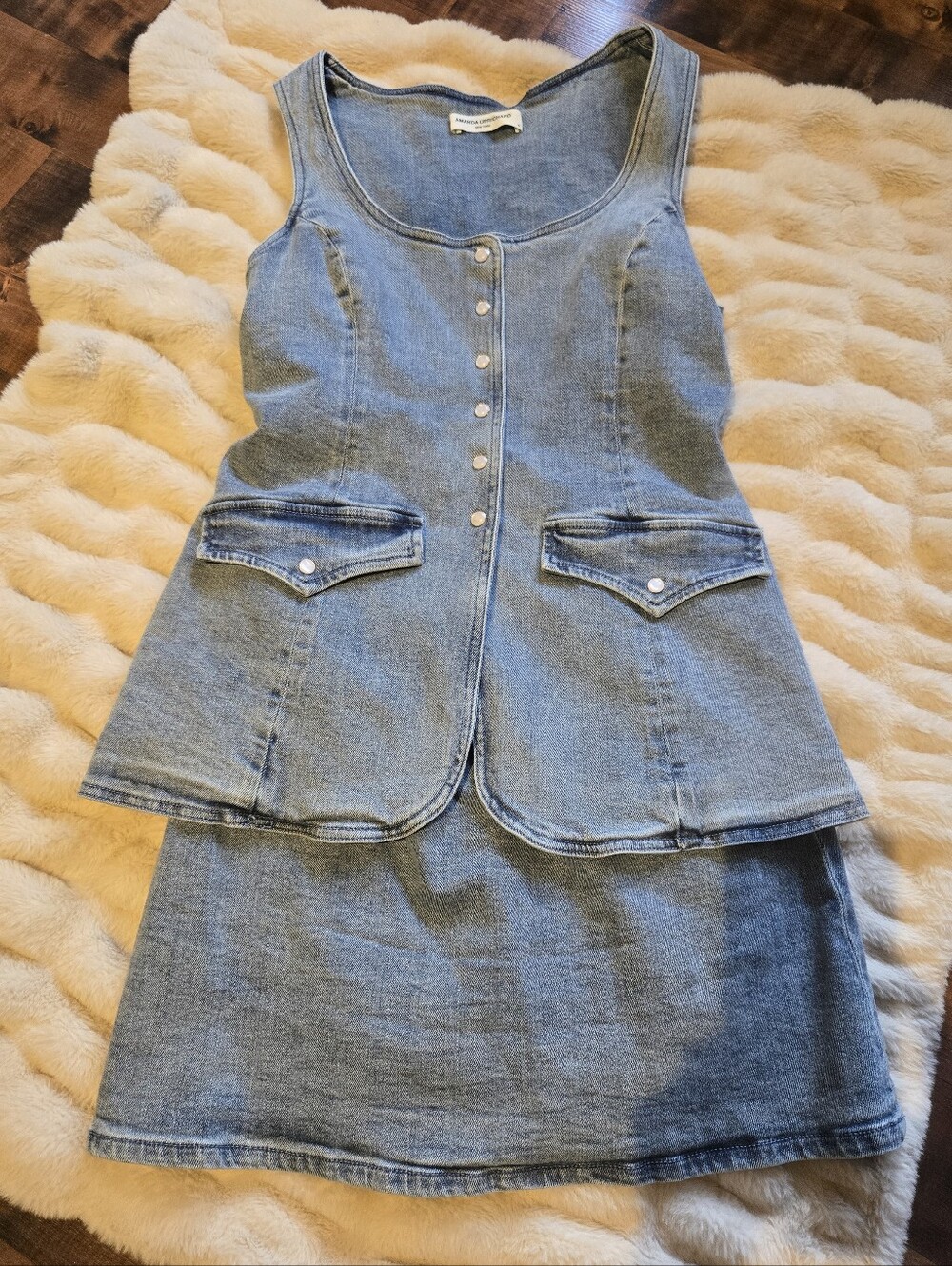 Amanda Uprichard [Medium] Kya Denim Skort Romper Western Vest Mini Pearl Button